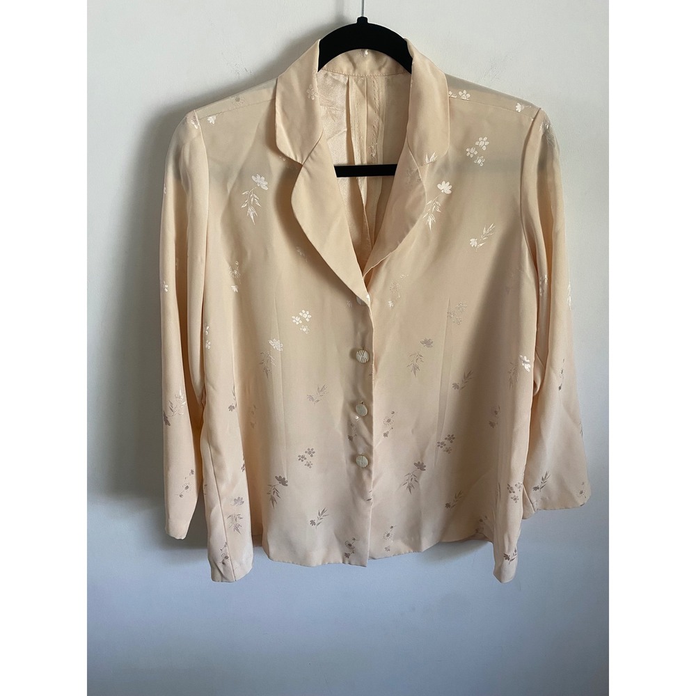 Vintage Cream Floral Jacquard Blouse Long Sleeve Button Up Collared Top